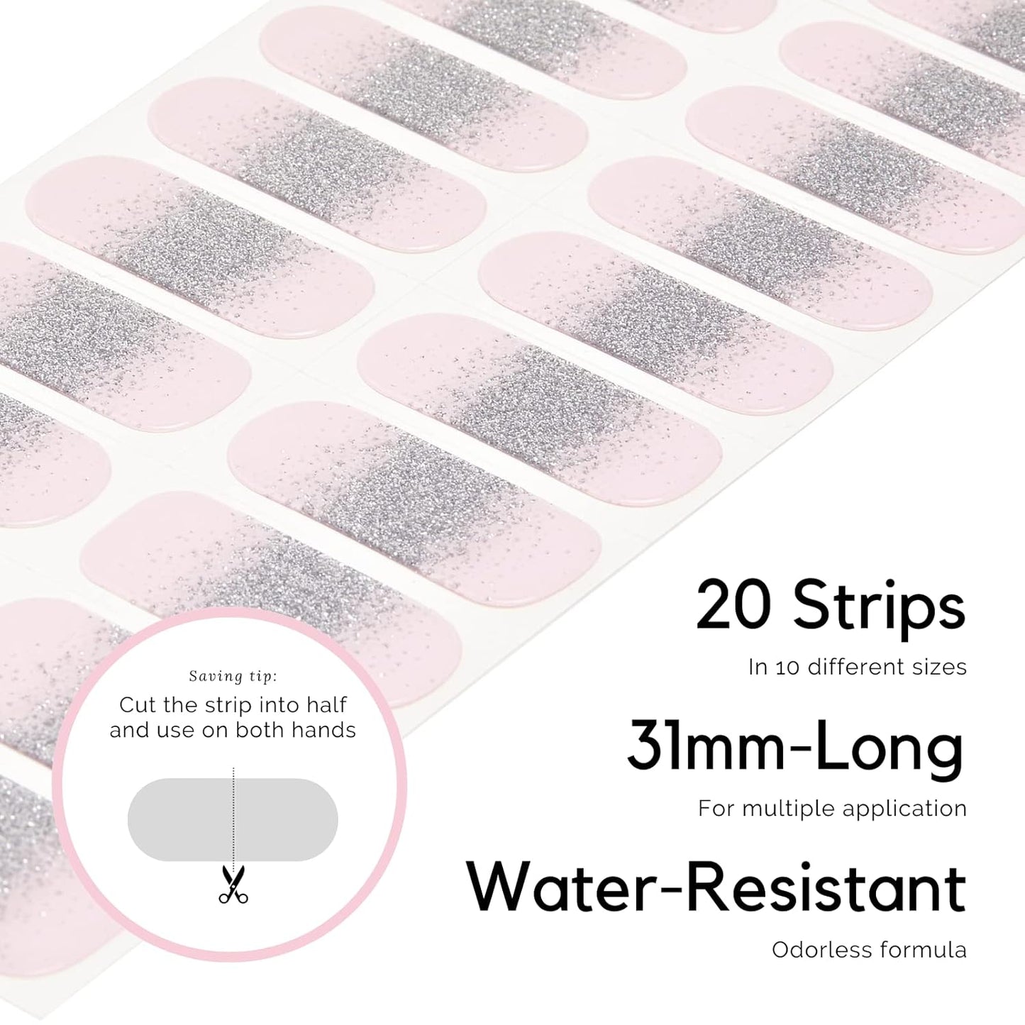 NAILOG Semi Cured Gel Nail Strips, Extra Long Glitter Nail Polish Strips (20 Pieces), Buy 2 Get 1 UV Lamp, Long Lasting Gel Nails with Soft Glossy Gel Finish, Ballerina