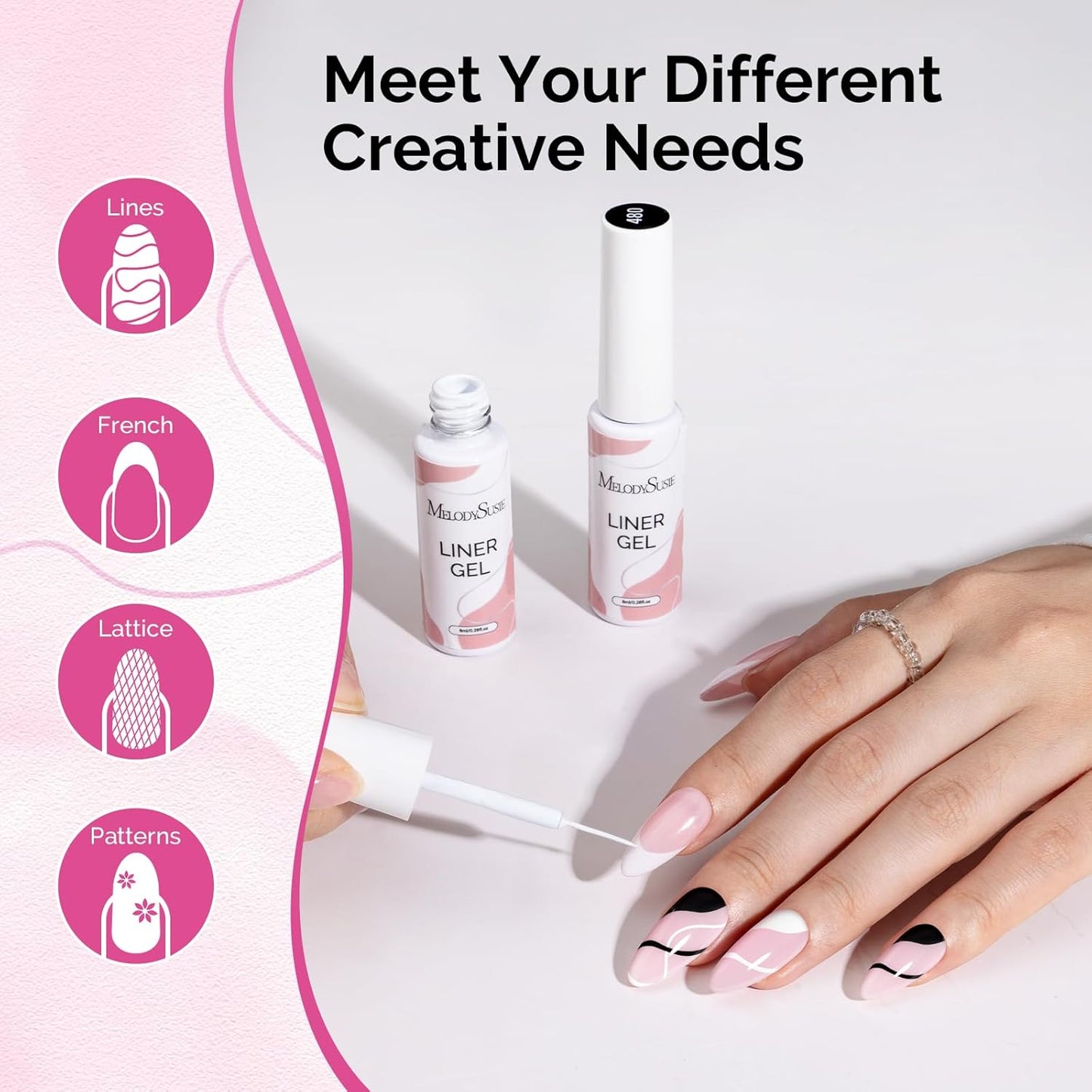 MelodySusie 2Pcs Gel Liner Nail Art Polish,for Line and Patterns of Painting,French Nail Tips,DIY Manicure Pedicure for Home DIY Salon Use 8ML White and Black