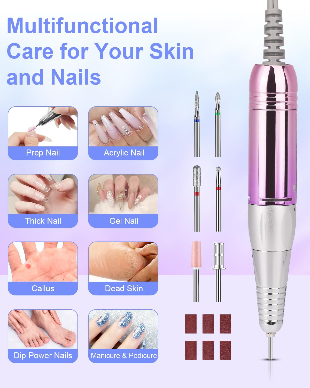 Electric Nail Drill Professional: Rechargeable Nail File with Bits for Acrylic Gel Nails, Professional Nail Drill Manicure Pedicure Polishing Shape Tools for Home Salon