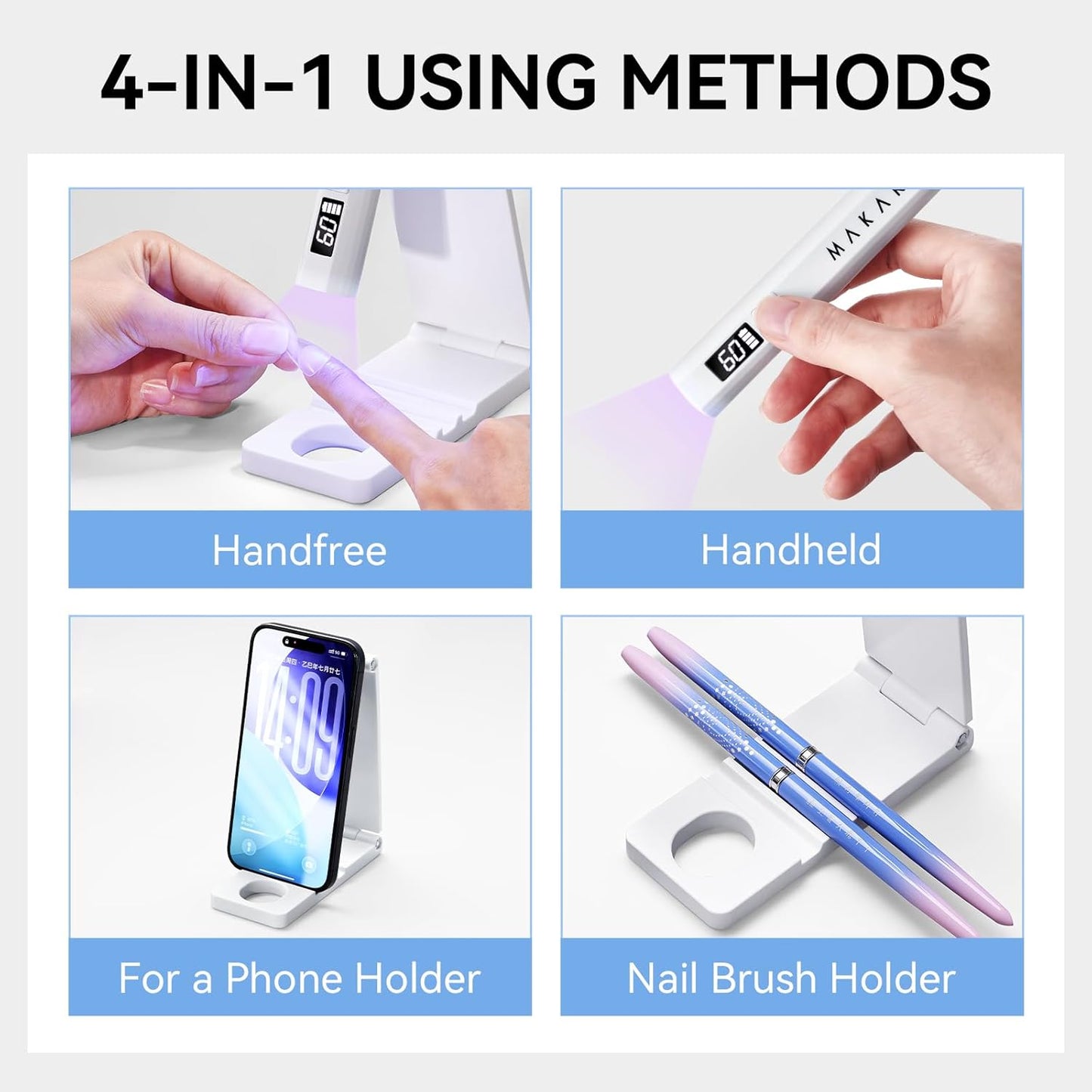Makartt UV Nail Lamp with Stand – Handheld UV Light for Gel Nails for Nial Tips & Gel Polish, USB Rechargeable Fast Curing Flash Cure Lamp with LCD & 2 Timers for DIY Home or Salon