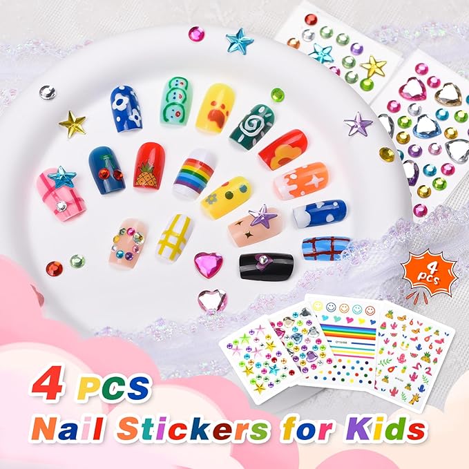 Kids Nail Polish for Girls with Gems Stickers, Non-Toxic Peel-Off Quick Dry Mini Nail Polish 9 Colors Set for Ages 3+