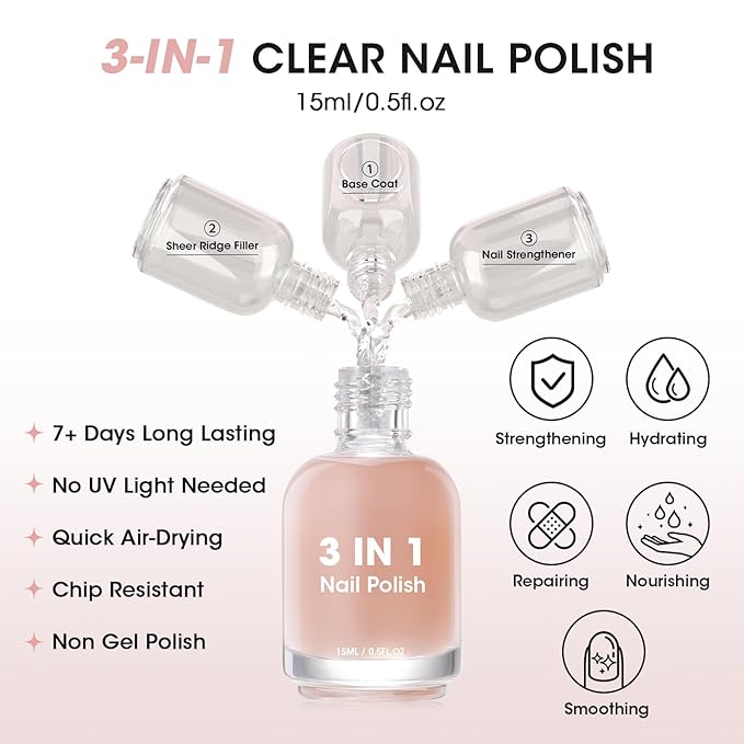 GELLEN Tinted Nude Ridge Filler For Nails, Clear Nail Polish Ridge Filling Base Coat, Nail Strengthener and Growth, Hydrates Strengthens Nourishes Damaged Dry Nails, Shea Butter & Vitamin E & Protein