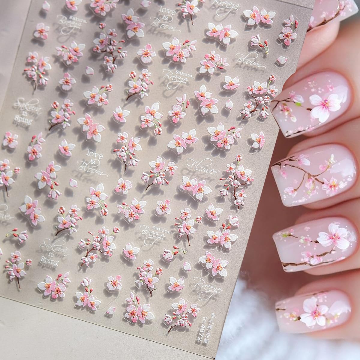 5D Embossed Flower Nail Art Stickers Cherry Blossoms Nails Decals White Pink Sakura Floral Nail Stickers Spring Summer Nails Design Flower Supplies for Women DIY Manicure Decoration Accessories 1Pcs