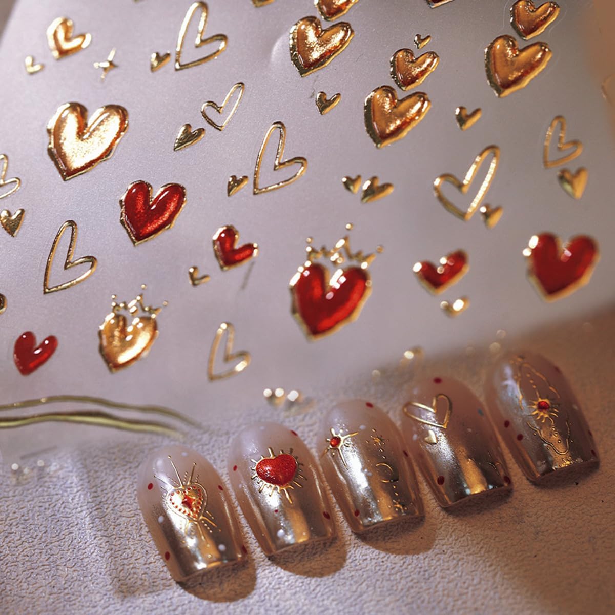 Valentine's Day 5D Heart Nail Art Stickers - Gold, Pink & Bronzing Star Moon Designs for Women & Girls - Self-Adhesive DIY Nail Decals
