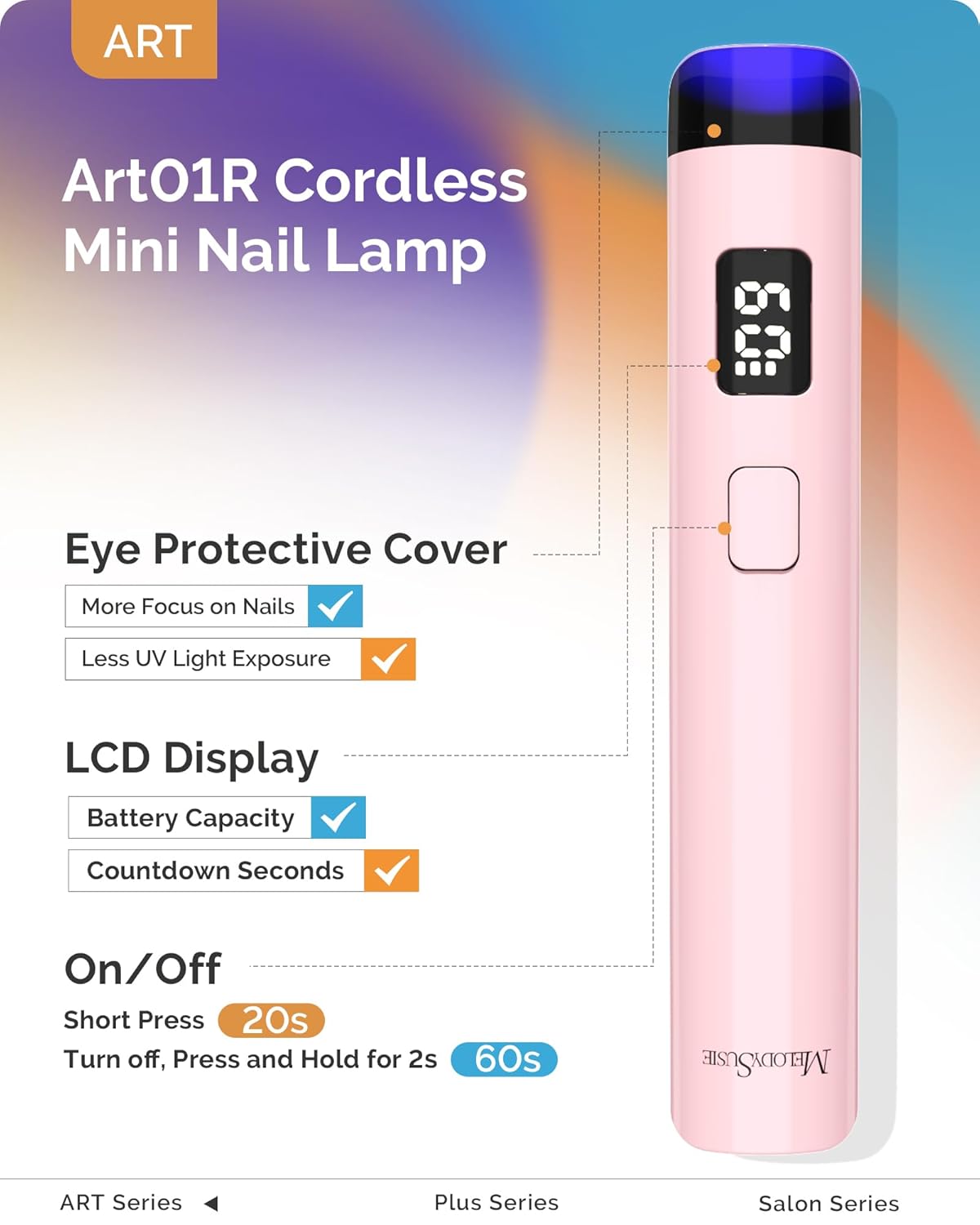 Melodysusie Handheld UV Light for Gel Nails, ART01R Cordless Gel X Nail Lamp Rechargeable with LCD Display, Eye-Protective Cover Flash Cure Nail Dryer for Rhinestone Glue Decoration DIY at Home Pink