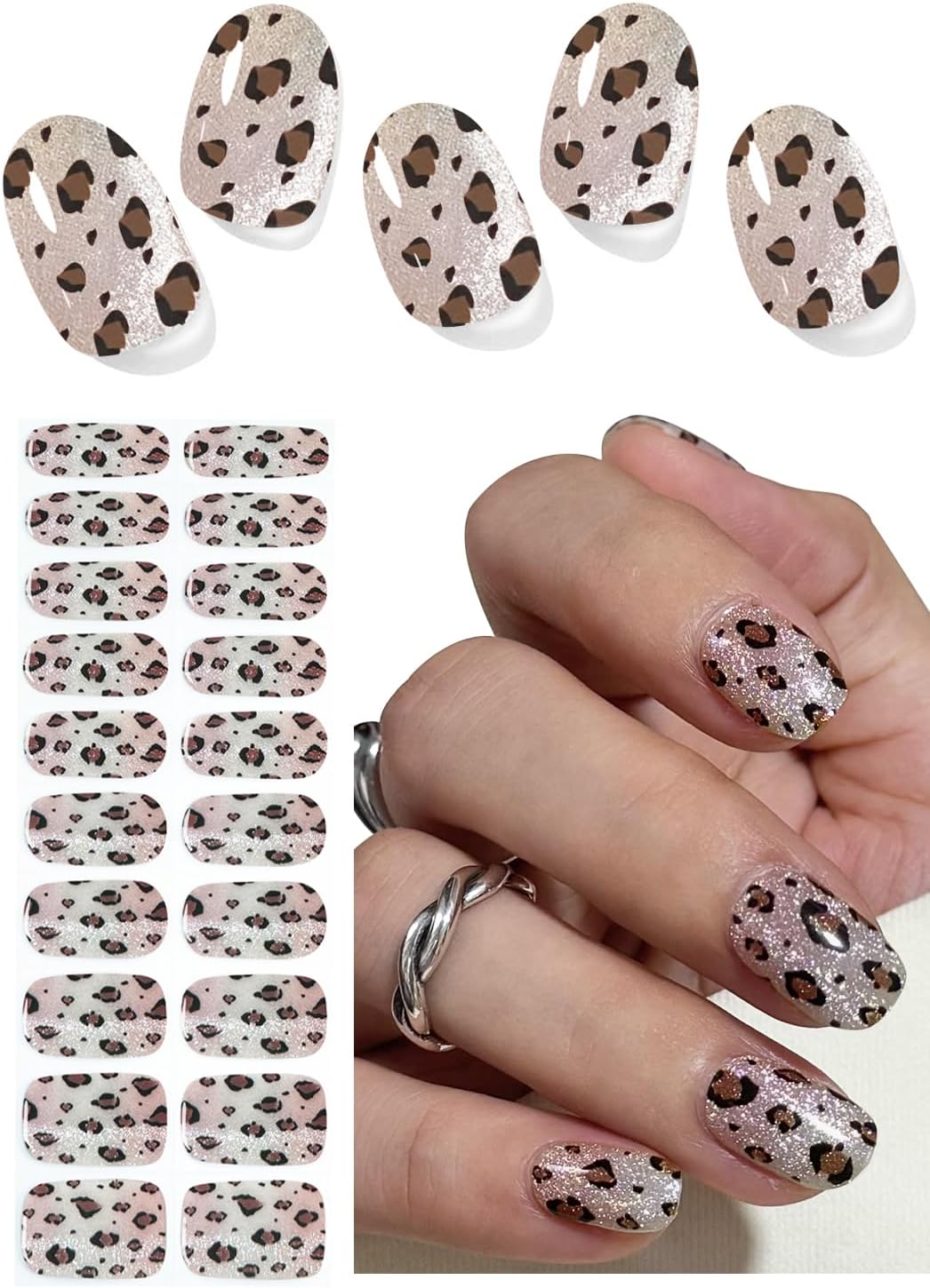 Semi Cured Gel Nail Strips, Leopard Cat Eye 20pcs Adhesive UV Sticker, Wraps for Home Manicure DIY