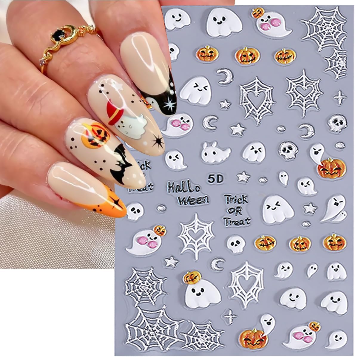 3 Sheets Halloween 5d Embossed Cute Ghost Nail Art Stickers Self Adhesive Pumpkin Spider Web Nail Decals Exquisite Star Moon Nail Design Stickers Holiday Nail Art Supplies for Women Decorations Tips