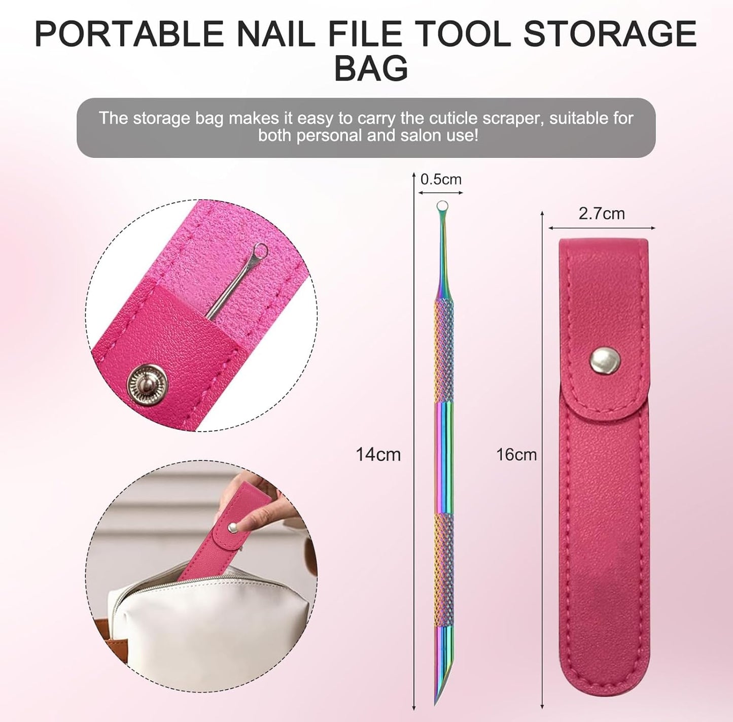 Cuticle Pusher Tool, Stainless Steel Cuticle Remover Tool, Suitable for Salon and Home Use, with 1 Rose Red Leather Storage Case,10 Sandpapers