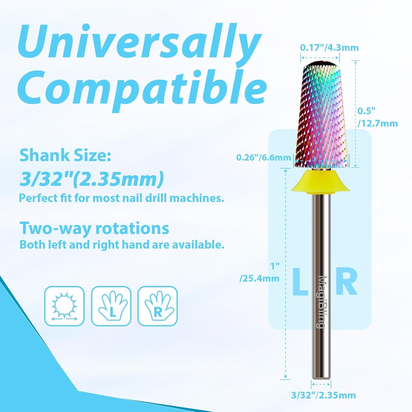 Round Top Nail Drill Bits, Cross Cut Tapered 3/32'' Safety Tungsten Carbide Professional Bit, Remove Gel Fast, Left Right Hand Use, Acrylic Nail Polish, Technicians Bits, Extra Fine.