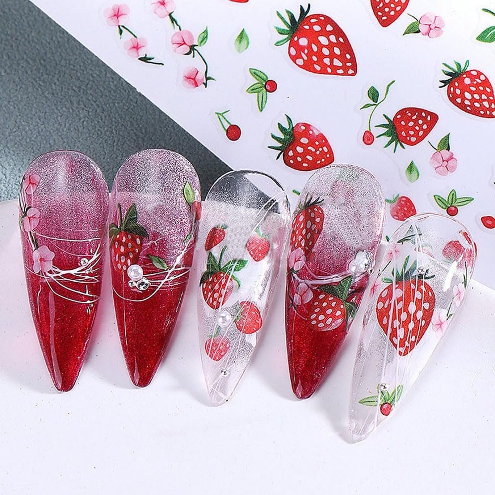 6 Sheets Fruit Nail Art Stickers Decals, 3D Self-Adhesive Embossed Lemon Strawberry Blueberry Stickers Nail Stickers for Women DIY Summer Manicure Decorations