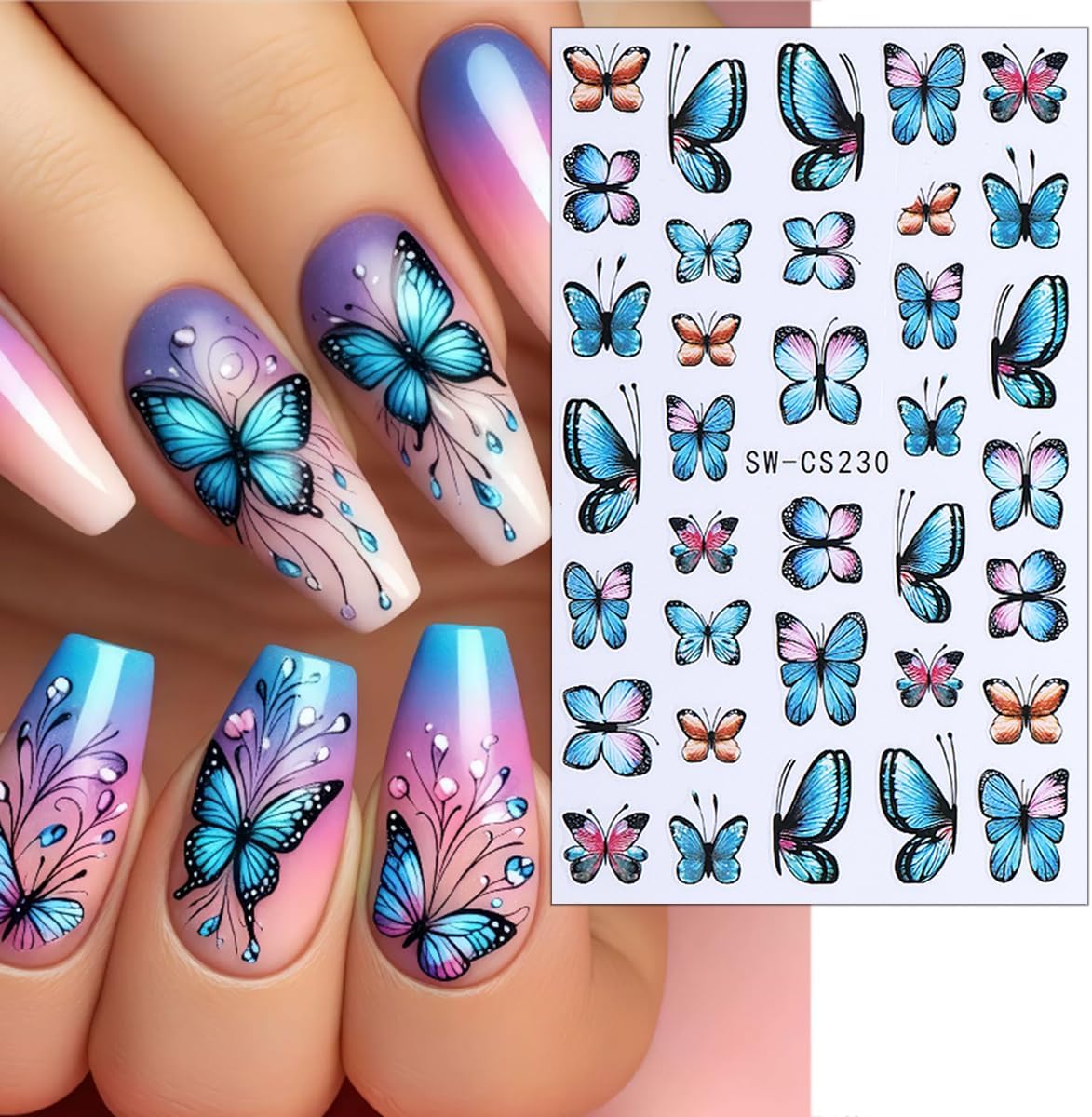 6 Sheets Butterfly Nail Decals for Nail Art Spring Flower Nail Stickers 3D Self-Adhesive Colorful Butterfly Nail Art Stickers Gold Floral Leaf Nail Decoration for Women Girls DIY Manicure Supplies