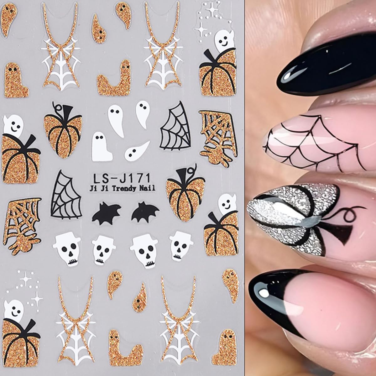 Halloween Nail Art Stickers Decals Glitter Pumpkin Ghost Nail Stickers 6PCS 3D Self-Adhesive Spider Web Spider Knife Ghost Design Halloween Stickers Manicure Supply for Women Holiday DIY Nail Salon