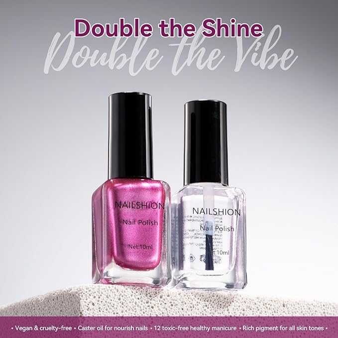 Metallic Purple Rose Nail Polish with Base Top Coat 3-in-1 Clear Fast Air Dry Fingernail Polish Duo, Non-Gel, Nail Strengthener Polishes, Opaque, Glossy Luxury Nail Art Gift for Women Girls