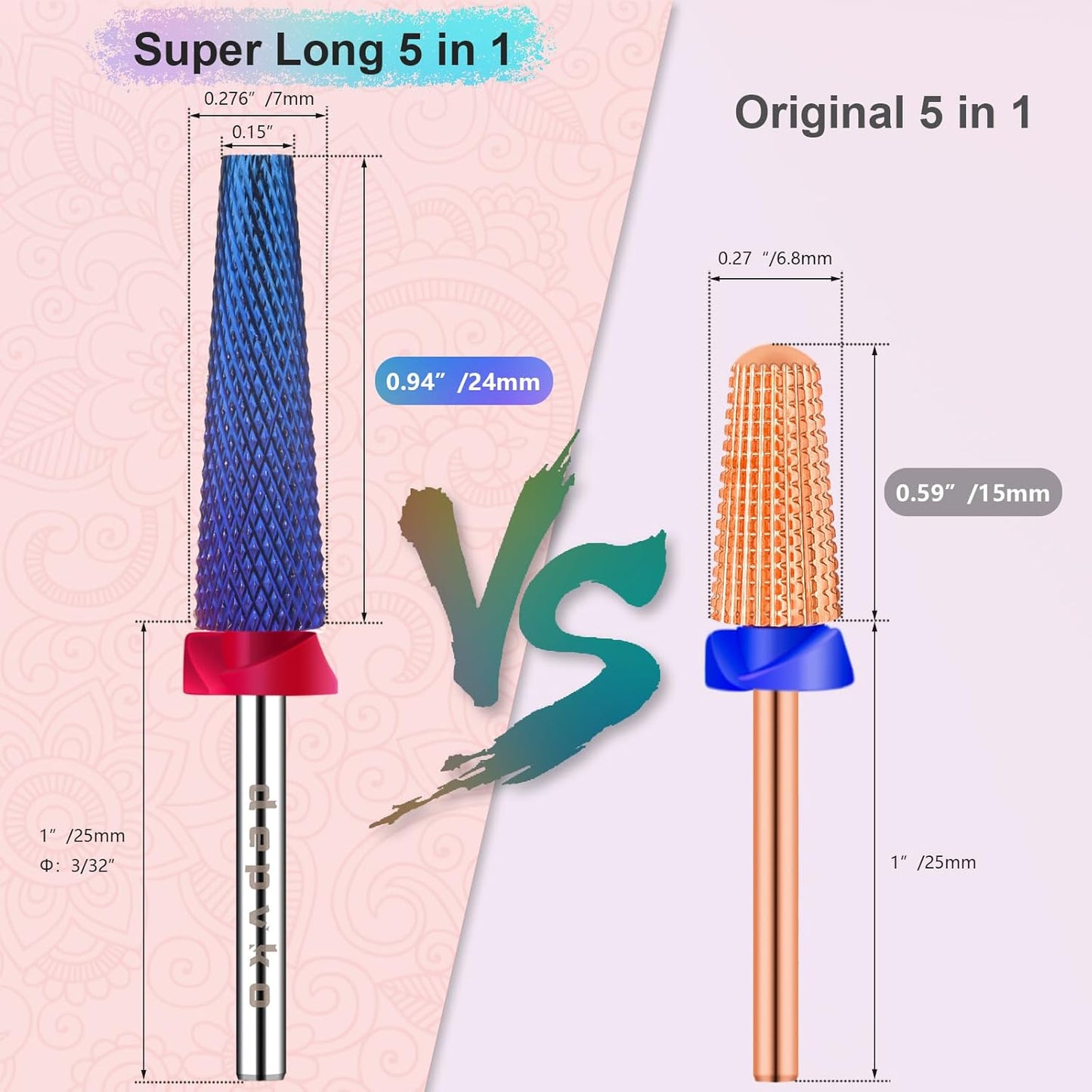 Depvko Super Long 5 in 1 Nail Drill Bits, 3/32'' Carbide Tungsten Bits, Two Way Rotate Professional Advanced Safety Bits for Nail, Fast Remove for Manicure Pedicure (Long 5in1-Purple, Fine-F)