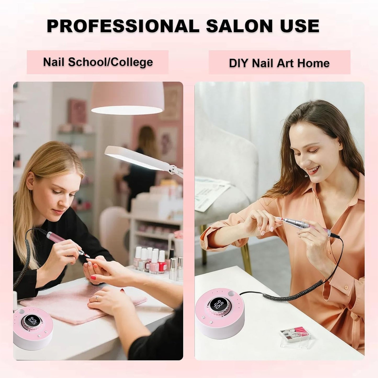 Electric Nail Drill File: Professional 40000RPM Nail E-File Drill, Rechargeable Cordless Nail Drill with Bits & Base for Acrylic Nails Remove Nail Gel Polish Manicure for Home Salon Use (Pink)