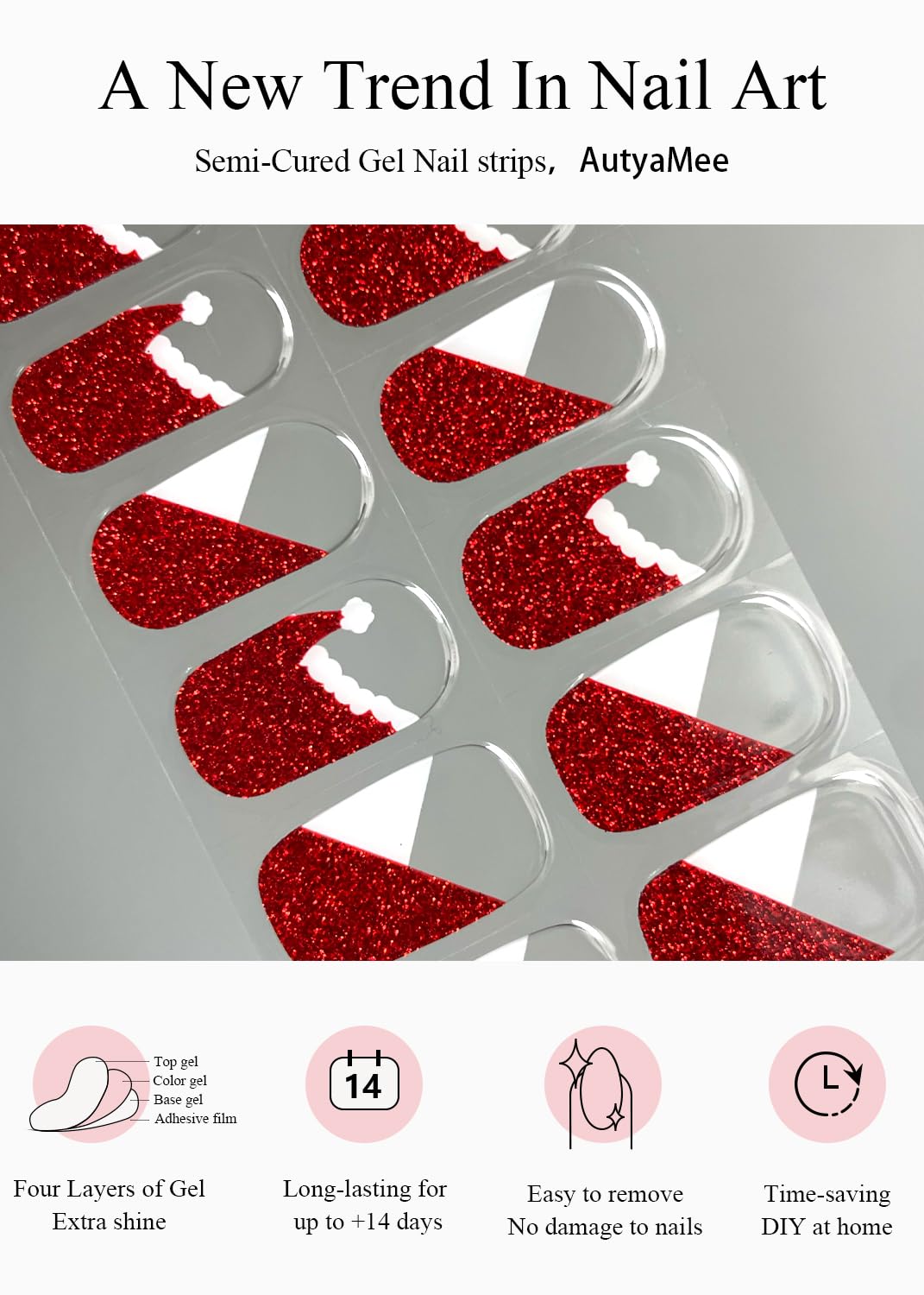 Semi Cured Gel Nail Strips (Santa Hat French), Red Glitter, 20 Pcs Christmas Gel Nail Wraps, Stickers, UV Light Required, Salon Quality