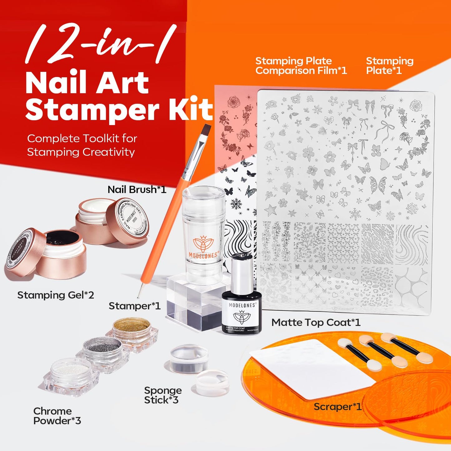 modelones 16 PCS Gel Nail Polish Stamping Plate Set, French Tip Tool Stamper & Scraper, Gold Silver Pearl Chrome Powder Proof Matte Top Coat 2 Colors Painting Gel for Nail Art Fall Manicure Gift Kit