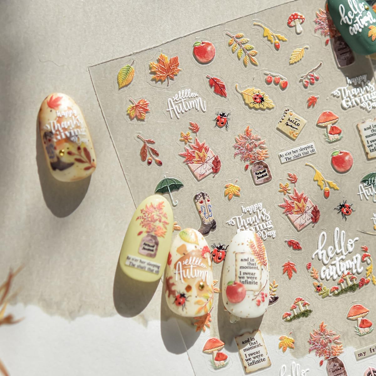 Fall Nail Art Stickers Decals 5D Embossed Red Maple Leaf Nail Decals Self-Adhesive Mushroom Apple Beetle Nails Design Autumn Stickers Thanksgiving Nails Art Supplies for Women DIY Manicure Decorations