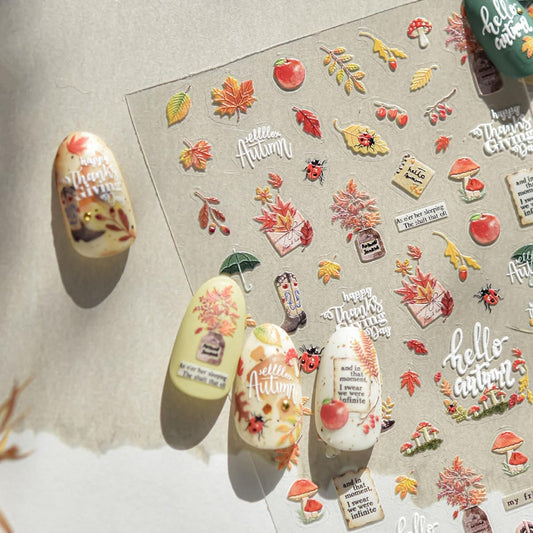 Fall Nail Art Stickers Decals 5D Embossed Red Maple Leaf Nail Decals Self-Adhesive Mushroom Apple Beetle Nails Design Autumn Stickers Thanksgiving Nails Art Supplies for Women DIY Manicure Decorations