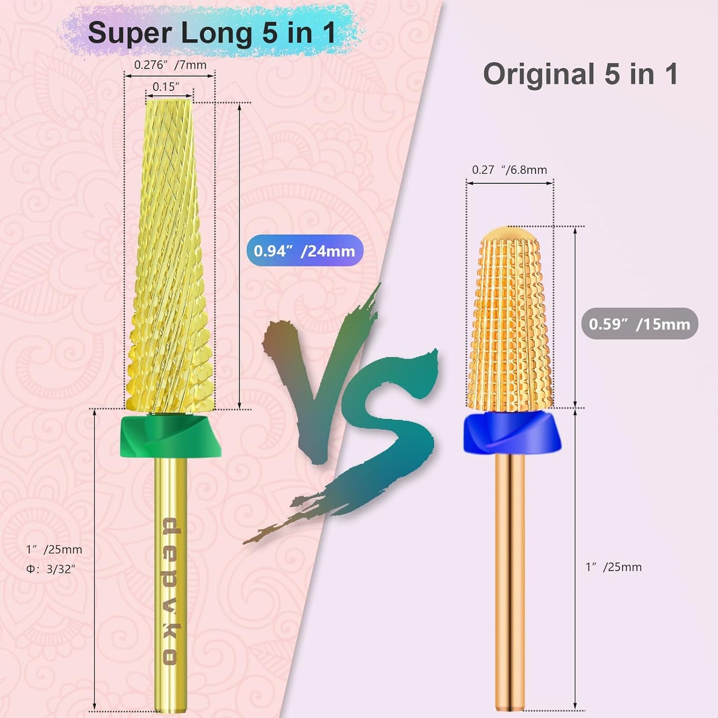 Depvko Super Long 5 in 1 Nail Drill Bits, 3/32'' Carbide Tungsten Bits, Two Way Rotate Professional Advanced Safety Bits for Nail, Fast Remove for Manicure Pedicure (Long 5in1-Gold, Coarse-C)