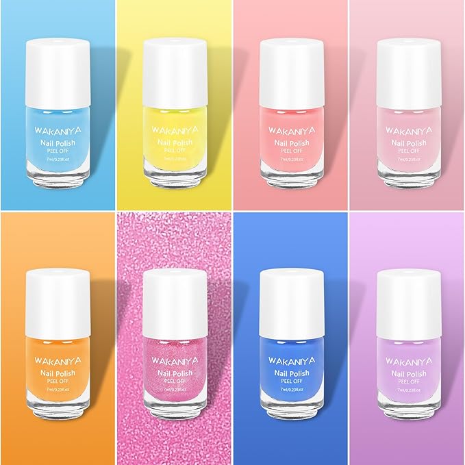 wakaniya Kids Nail Polish Set, Non-Toxic Peel-Off Quick Dry Mini Nail Polish for Girls 8 Colors Set with Gems Stickers