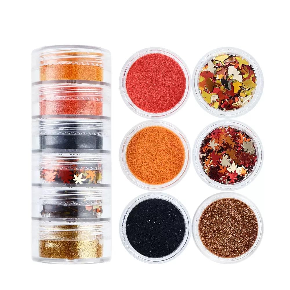 Fall Nail Art Glitters Sequins, 12 Boxes Maple Leaf Nail Art Decoration Flakes 3D Leaf Nail Decals Gold Orange Nails Art Designs Holographic Thanksgiving Day Glitters for Nails Decorations