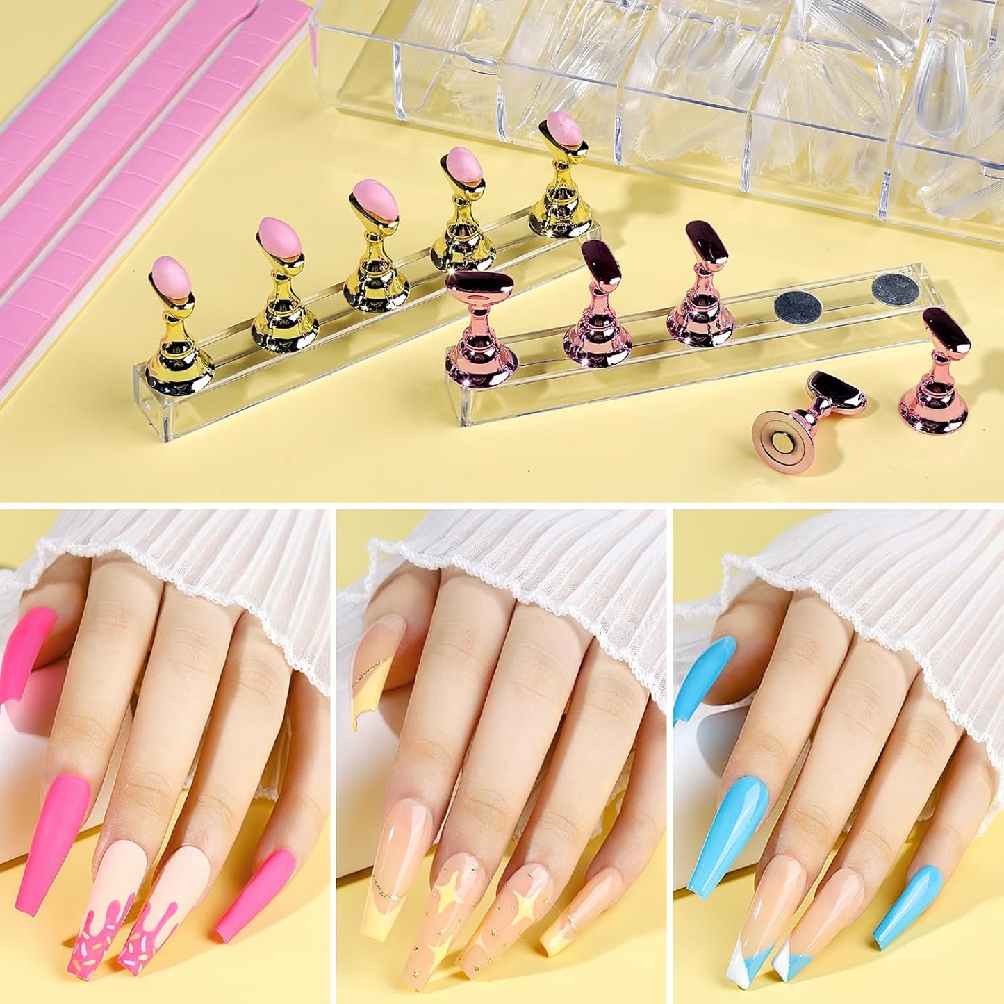 Teenitor Press On Nail Kit - Clear Coffin Nail Tips, Art Brushes, Dotting Pen, Glitter, Stickers & Rhinestones