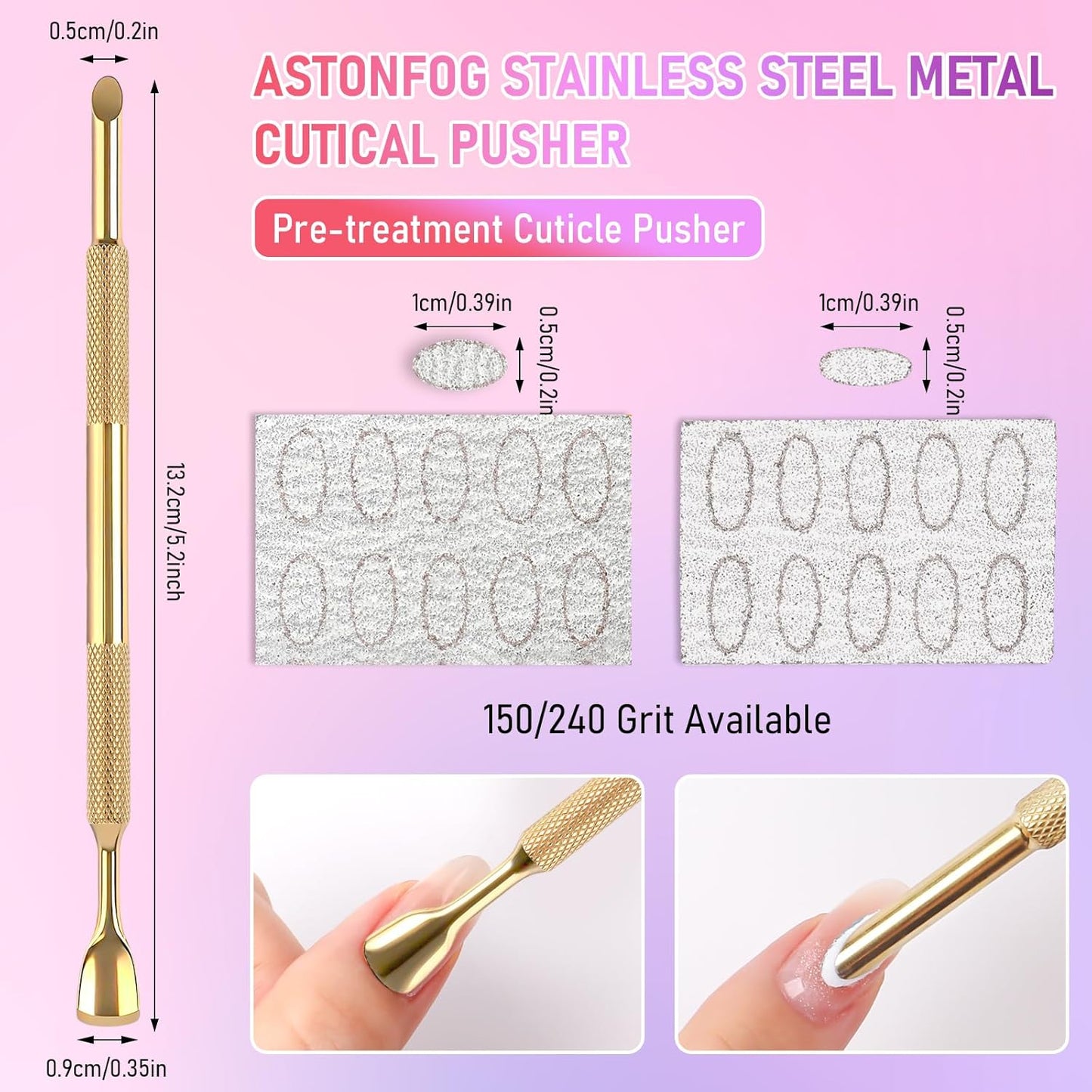 Pre-Treatment Cuticle Pusher, Dual Ended Cuticle Remover Russian Prep Nail Pushers with 100/180 Grit Sandpaper Sheets, Nail Care for Manicure Pedicure Nail Art and Foot Salon Home (Gold)