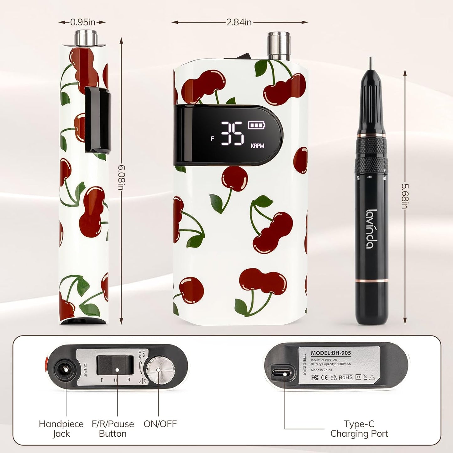 Lavinda 35000RPM Electric Nail Drill, Cordless Nail Drill Machine Portable Rechargeable Nail Efile for Acrylic Gel Nails, Manicure Pedicure Polishing Shaping Tool for Salon Home Use-Cherry Print