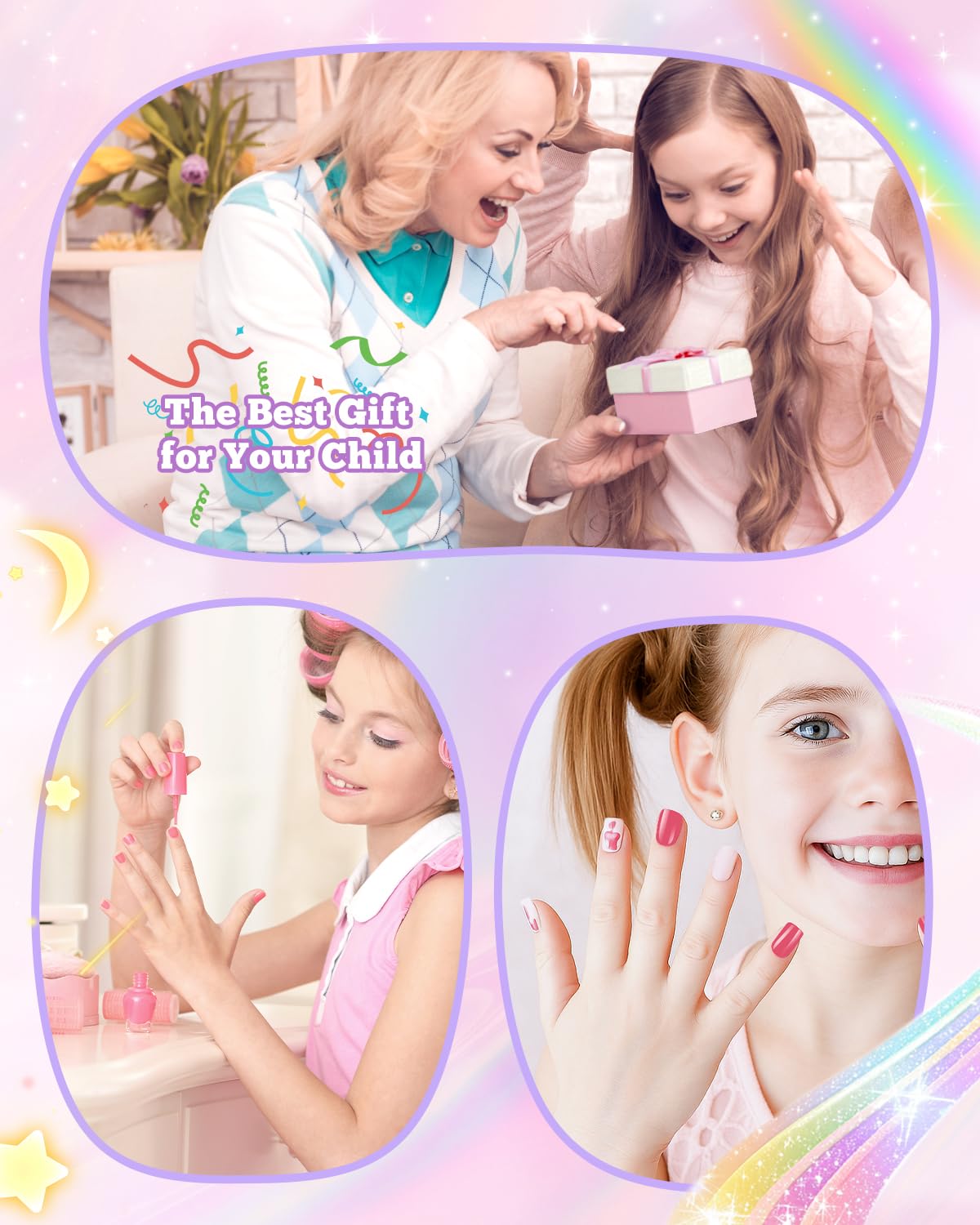 krofaue 240Pcs Kids Press on Nails with Handle - Short Fake Nails for Girls 12 Sizes Soft Gel Nail Tips for Safe & Fun DIY Nail Tips Art for Children 9-12(Nature)
