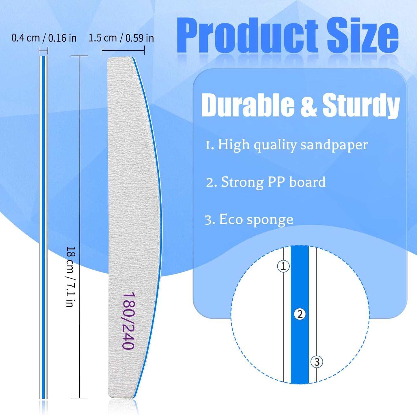 Nail File 12 PCS Professional Reusable 180/240 Grit Double Sides Washable Nail File Manicure Tools for Natural Nails and Acrylic Nails Tools Suit for Home Salon
