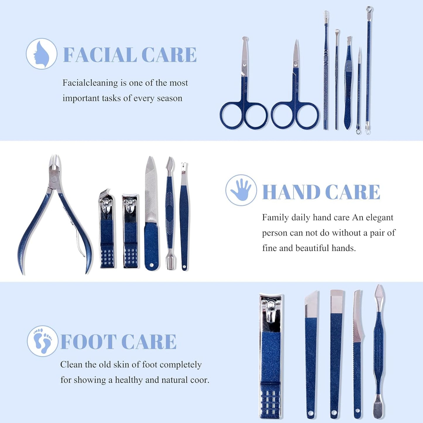 Manicure Set Pedicure Kit Nail Clippers Set Fingernail Clipper Set Ingrown Toenail Nail Kit Scissor Nail Trimmer Kit 18 Pieces Women and Men’s Care Grooming Tools with Fine Case (Dark Blue_18 Pieces)