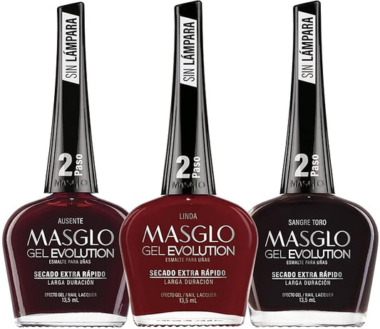MASGLO Gel Evolution – Set of 3 Nail Polishes No UV/LED Lamp Needed, Fast-Drying, 12-Day Wear, 14-Free Formula, High-Gloss Finish, vegan (0.5 oz Each)