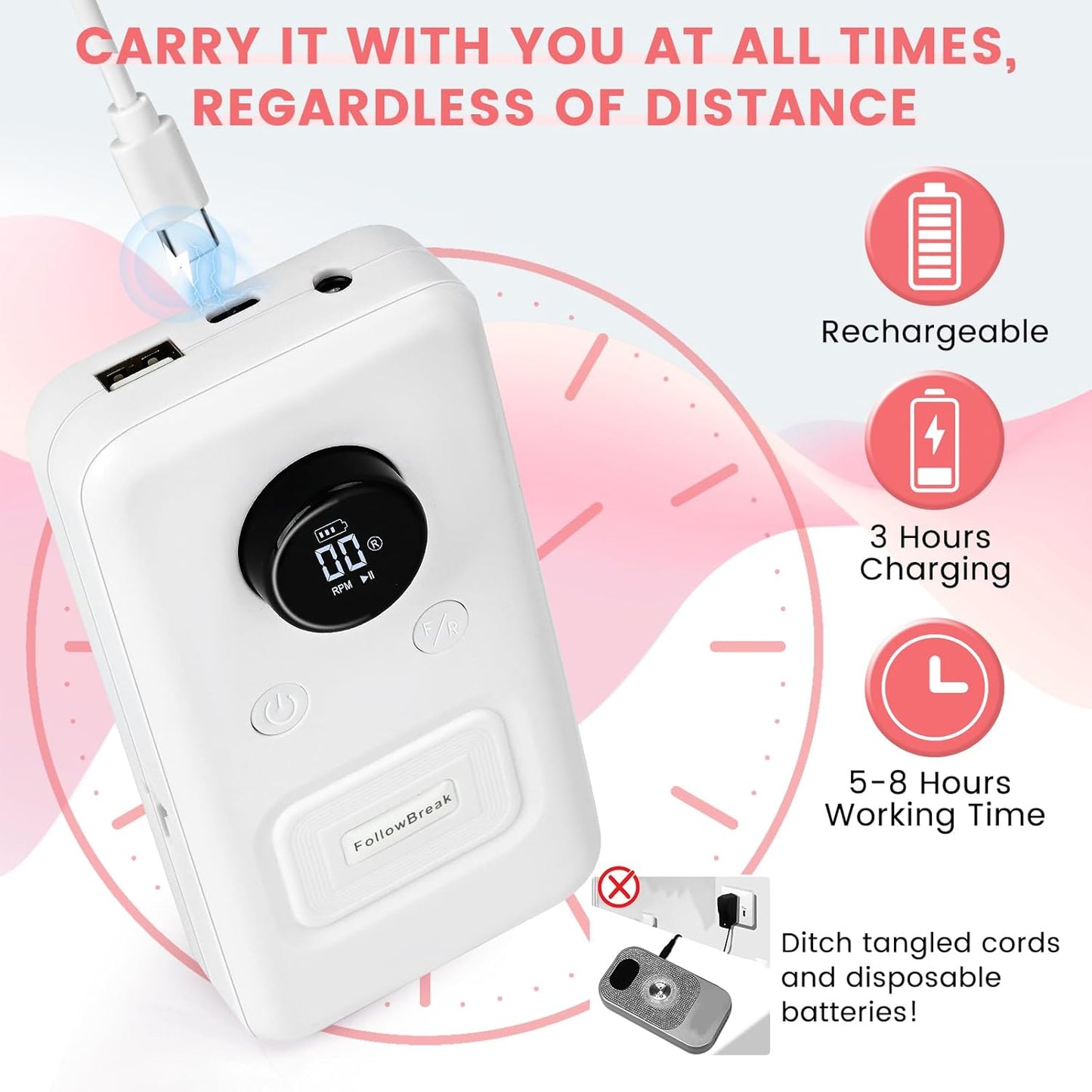 Electric Nail Drill Professional, 45,000RPM Electric Nail File with 12 Drill Bits & 50 Sanding Bands,Rechargeable Long Battery Life, Low Noise Cordless Nail Drills Machine,Efile Nail Drill Kit