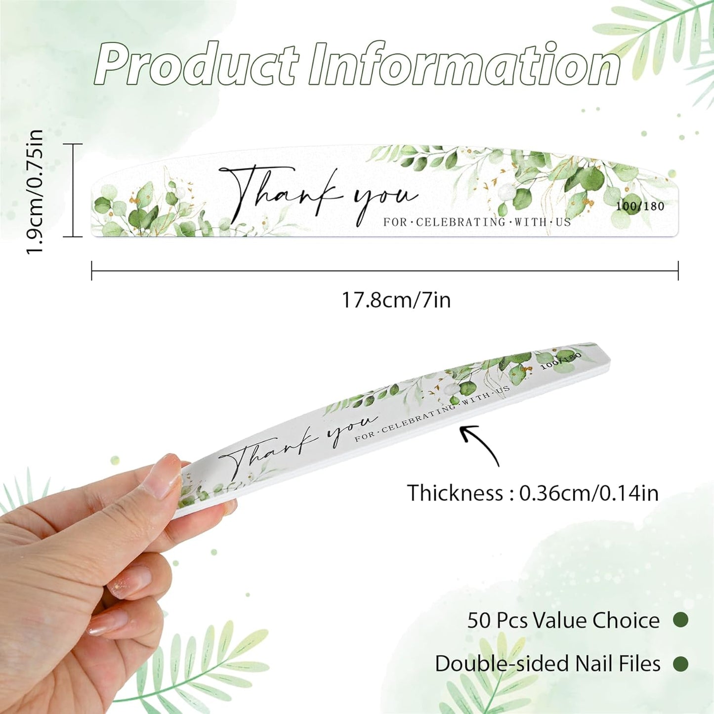 50 Pcs Wedding Nail Files Bulk Party Favors Bridal Shower Nail Files 100/180 Grit Eucalyptus Sage Green Bachelorette Baby Shower Nail File for Women Acrylic Nail Emery Boards Doubled Sided Nail Buffer