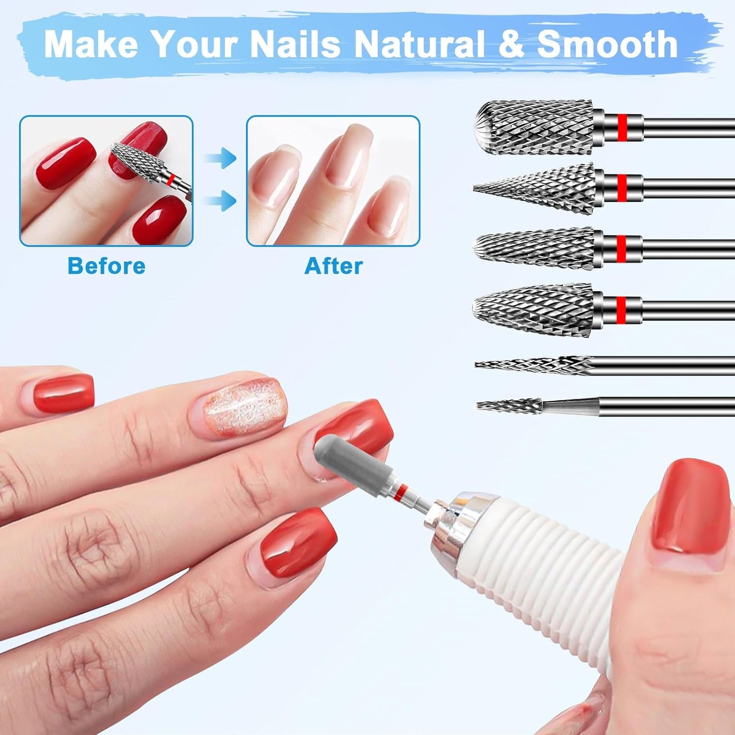 Diesisa 6 Pack Nail Drill Bits for Acrylic Nails, 3/32"" Shank Drill Bits for Nails, Professional Electric Cuticle Bit for Nail Drill, Cuticle Cleaner Nail Gel Polish Remover Tool for Home Salon-Red