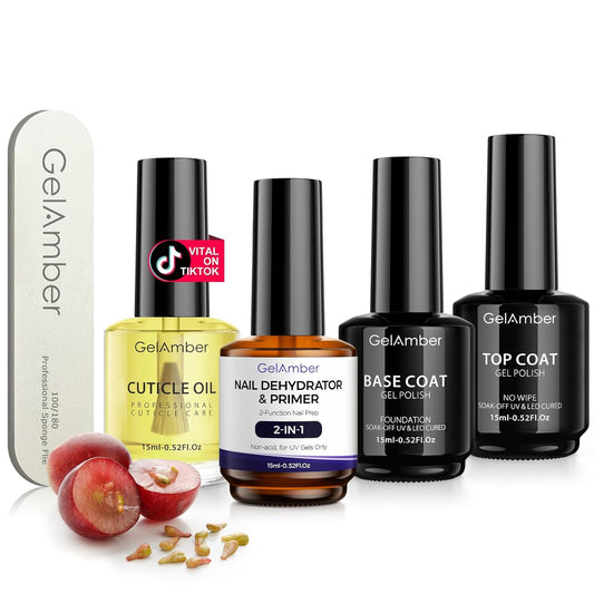 4Pcs 15ml Nail Dehydrator and Primer 2-in-One with Gel Base and Top Coat Set, Cuticle Oil and Nail File, Acid-Free No Wipe Essentials for Shiny & Long-Lasting Natural Manicure