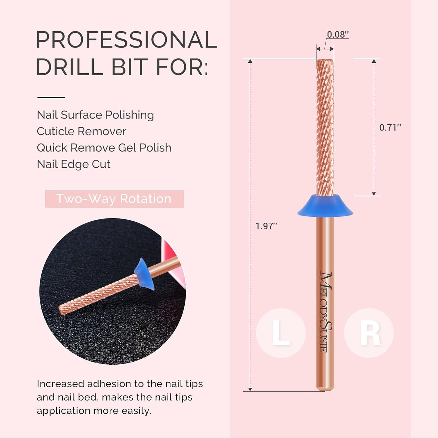 MelodySusie Super Long Mini Barrel Nail Buffer Bit, Professional Safety Carbide Nail Bit for Nail Bed File Cuticle Dead Skin Cleaning Nail Prepare, Two Way Rotate, Manicure Salon Supply, Rose Gold, M