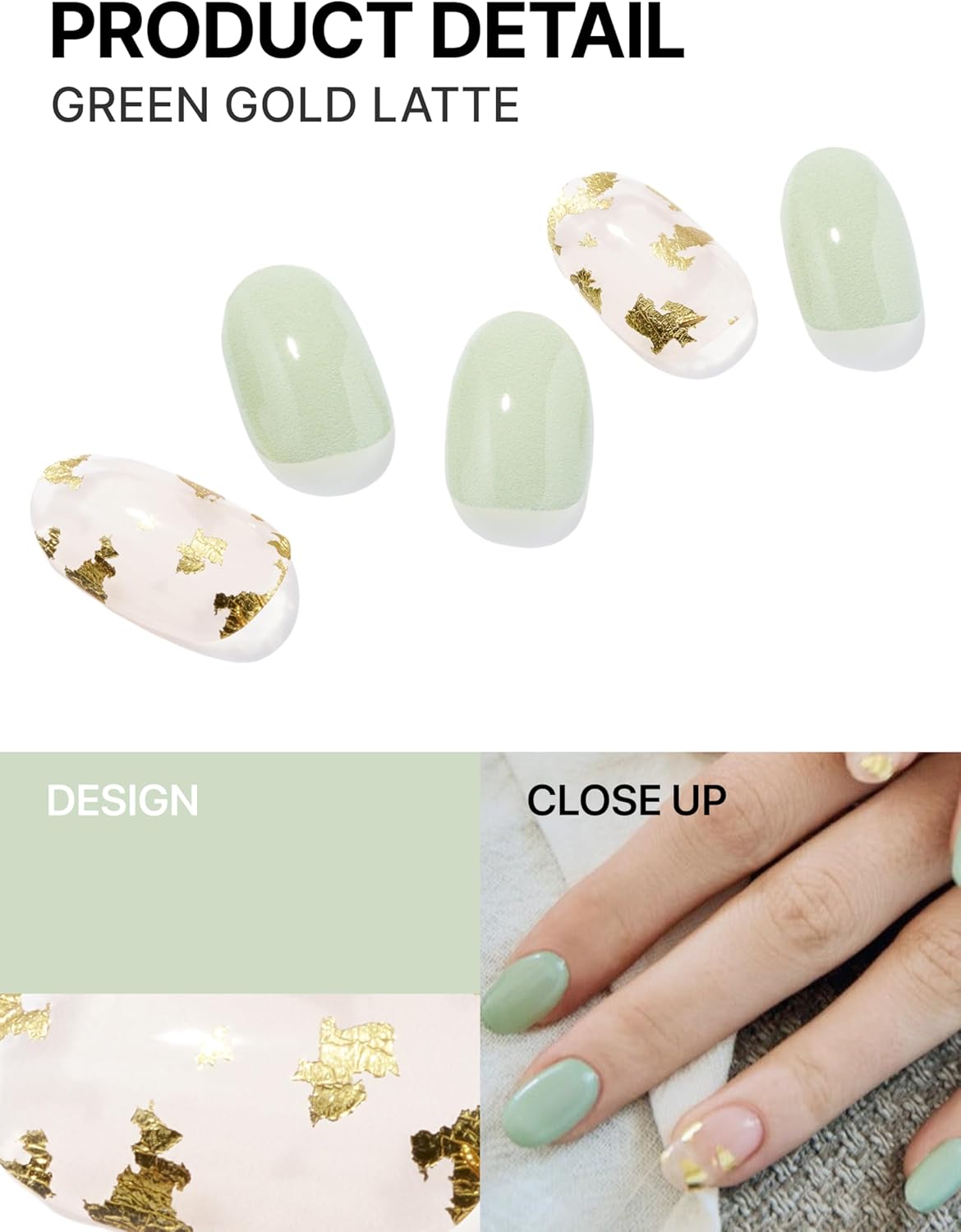 UUUUUU Semi Cured Gel Nail Strips | Salon-Quality | UV Free Gel Nail Wraps for Women | Easy Peel&Stick | Long-Lasting up to 14 Days | 28 Strips Set+File & Wipes | Gift-Ready (Green Gold Latte)