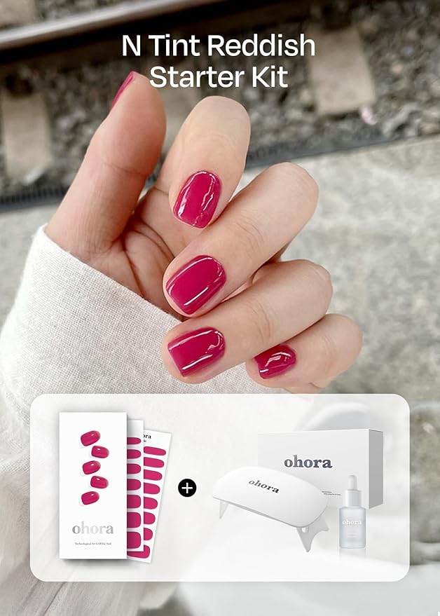 ohora Semi-Cured Gel Nail Strips Value Set (N Tint Reddish Starter Kit) Includes Full Size Lamp and Mini Remover, Salon-Quality, Long Lasting, Easy to Apply & Remove