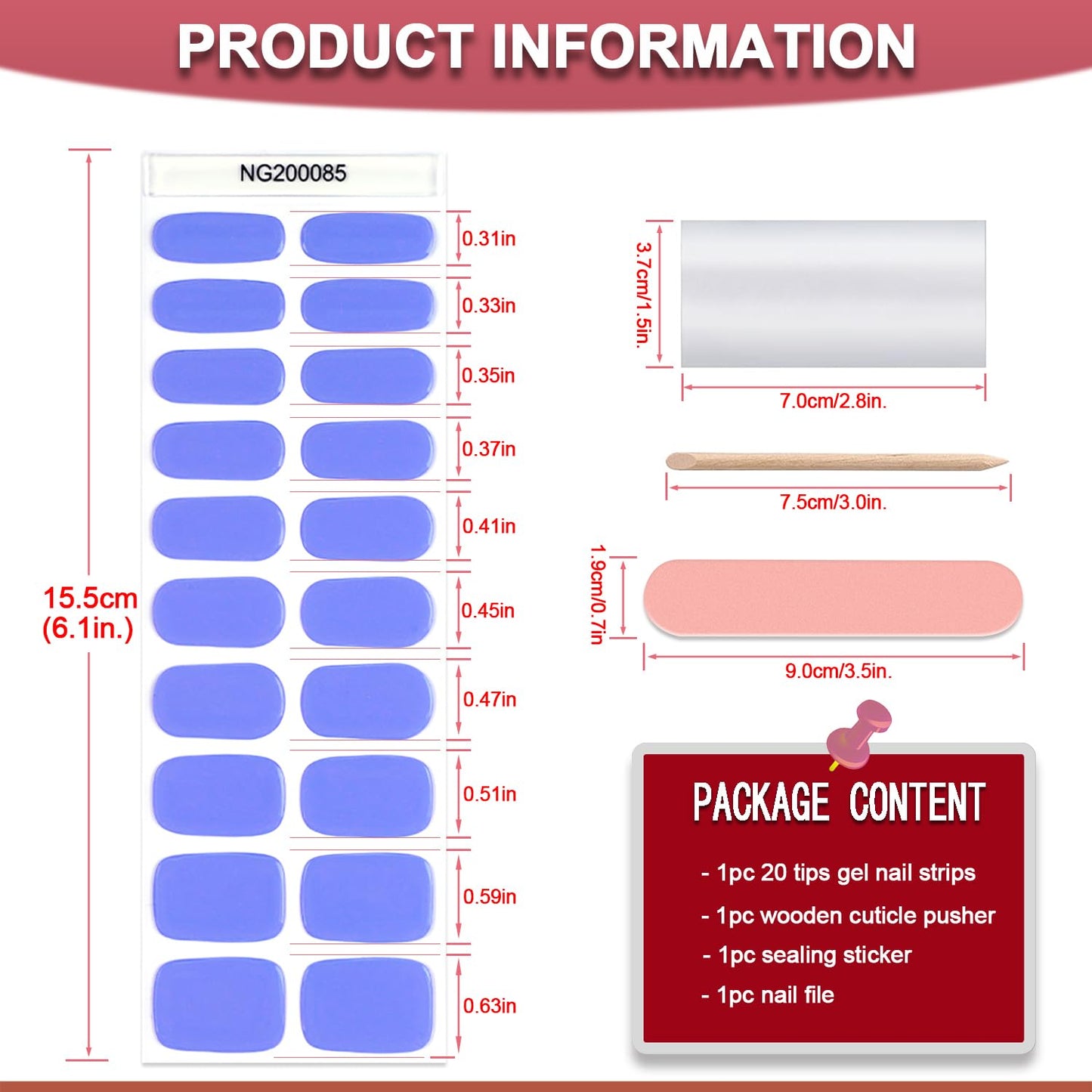 WOKOTO 20 Pcs Sky Blue Semi Cured Gel Nail Strips With Nail File & Wooden Stick, Solid Nail Polish Strips Gel Nail Stickers Full Nail Wraps For Women, Long Lasting Stick On Real Nail Polish Stickers