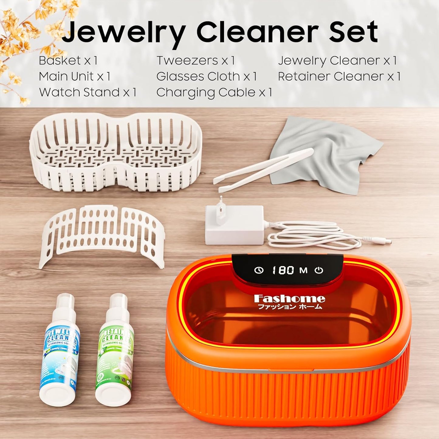 Ultrasonic Jewelry Cleaner Set with Basket/Holder - 45KHz 550ML w/Lights, 3 Powers 5 Timers & Degas Mode, 7oz Ultrasonic Cleaner Solution for Retainer, Rings, Eyeglasses, Dentures, Watches, Coins