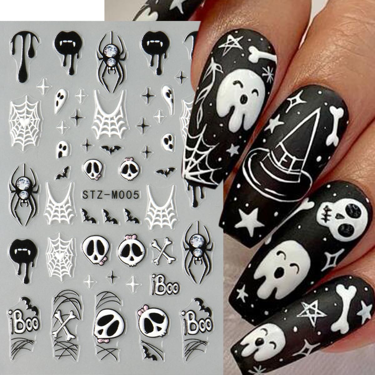 Halloween Nail Art Stickers Decals Halloween Spider Web Spider Nail Decals 3PCS Ghost Bat Skull Star Design 5D Engraved Nail Stickers Nail Art Supplies for Women Holoday DIY Manicure Nail Decorations