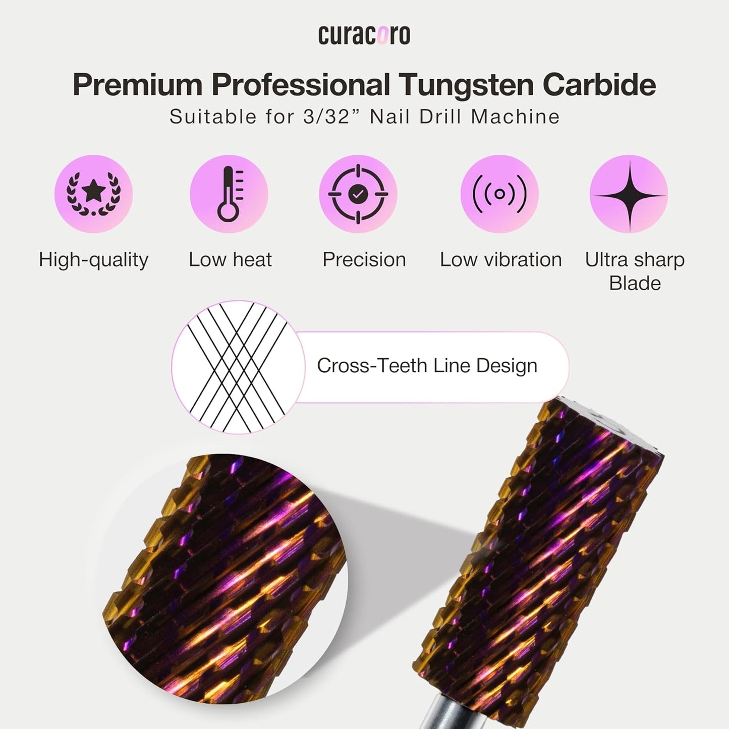Curacoro Nail Drill Bits 3/32'' - Small Barrel Carbide Bit (Coarse) for Professional Finish, Precisely Remove, Shape & Smooth Acrylic or Gel Nails, Nail Art Pedicure Manicure Salon & Home