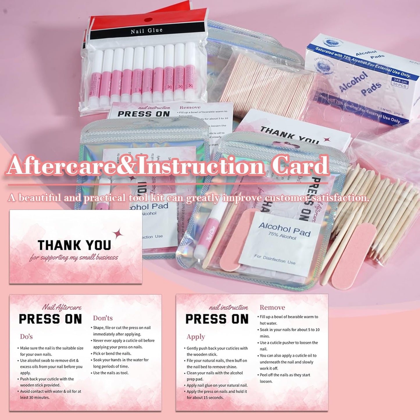 Press On Nail Tool Kit for Business - Prep Application Disposable Kit With File, Glue, Prep Pads, Instruction Card, Adhesive Tabs, Wood Stick, Holographic Bag (50pcs in Pink)