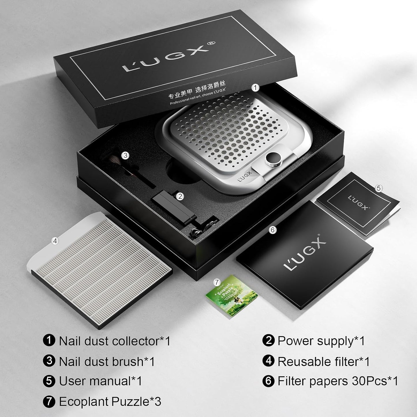 L'UGX Nail Dust Collector Professional for Nails with 30 Paper Filters,10-Gear Powerful Dust Collector for Nails Vacuum Duster Collector Nail Tech Extractor Cleaner for Salon Use