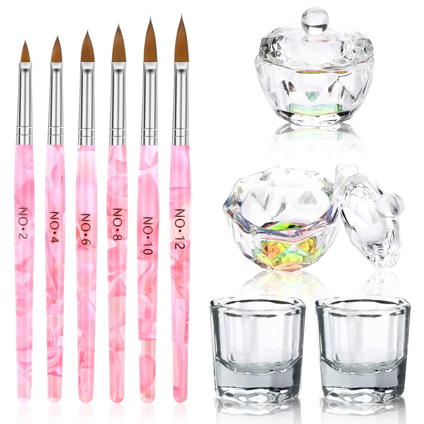 Acrylic Nail Brush Dappen Dish Set, 6PCS Nail Art Pen and 4PCS Crystal Dappen Dish, Manicure Bowl Cup Glass Container for Acrylic Liquid Nail Tool Kit (Pink)