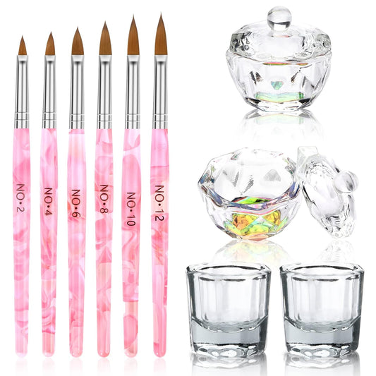 Acrylic Nail Brush Dappen Dish Set, 6PCS Nail Art Pen and 4PCS Crystal Dappen Dish, Manicure Bowl Cup Glass Container for Acrylic Liquid Nail Tool Kit (Pink)