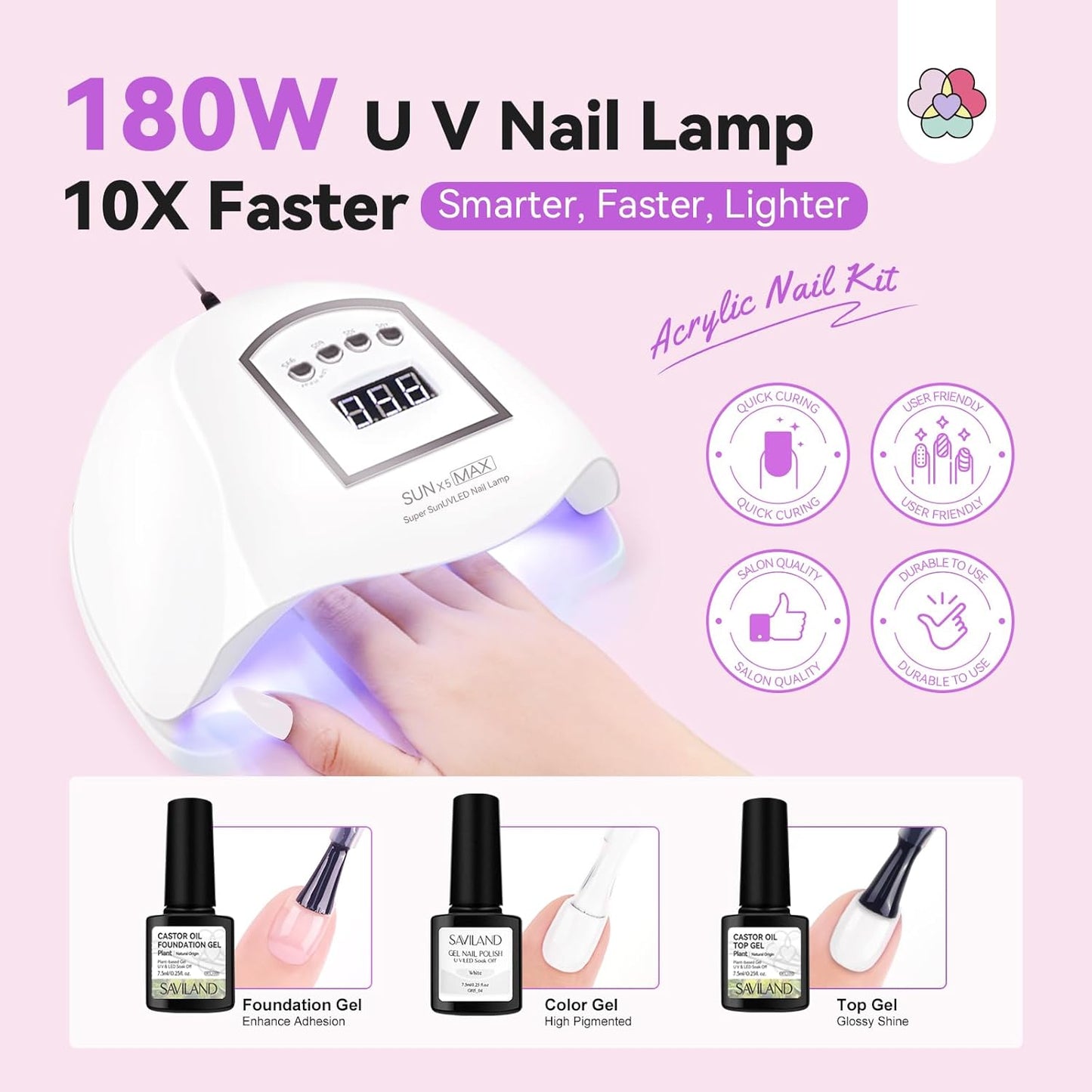 SAVILAND Acrylic Nail Kit with Drill: Acrylic Nail Set with Everything Beginners Professional Nail Kit Acrylic Set U V Nail Lamp Acrylic Powder and Liquid Set with Practice Finger Gift Home Salon
