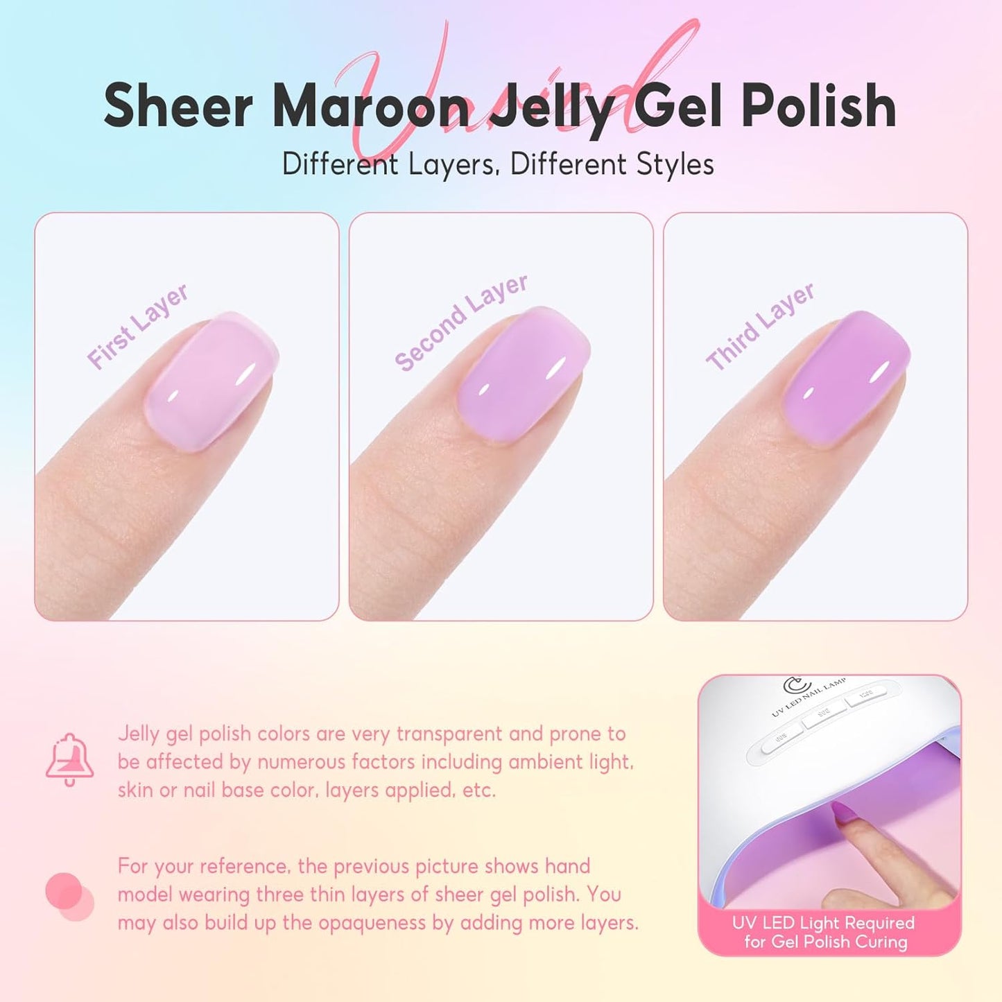 Peacecolor 10ML Jelly Nail Polish Gel Set, 6 Transparent Colors Pink Blue Green Purple Yellow Gels Polish for Salon Sheer Gel Manicure Set Nail Art DIY at Home